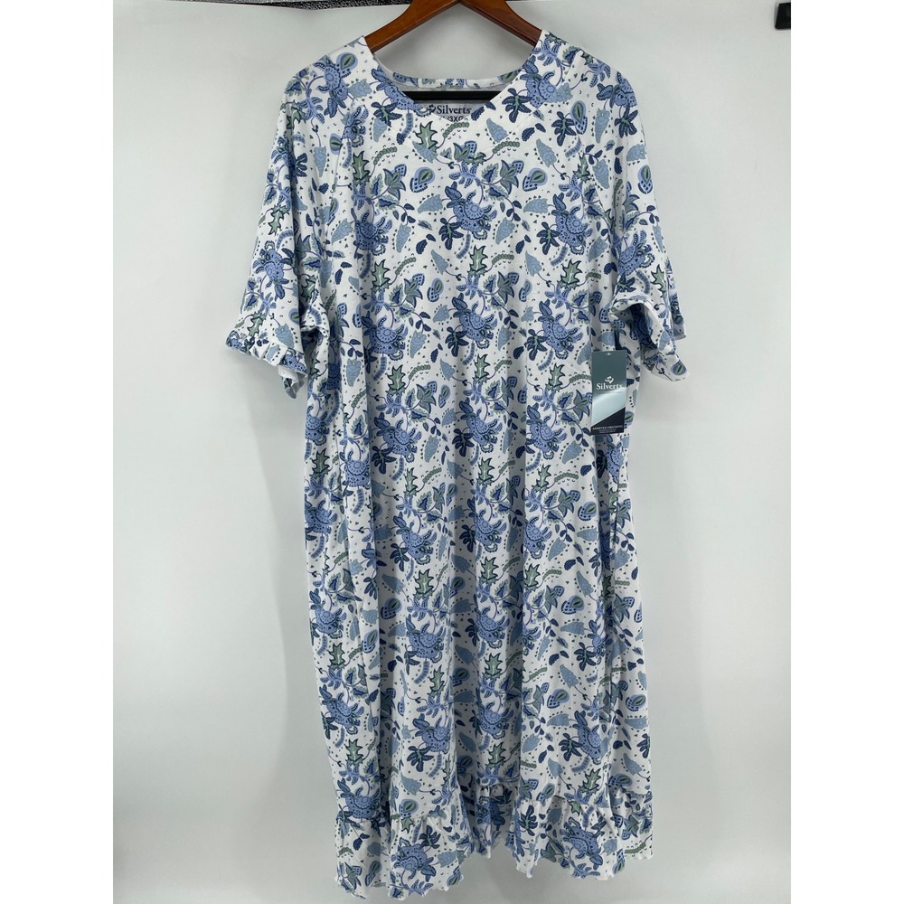 Silverts Adaptive Nightgown Womens 3XL Blue Floral Open Back Assisted Dressing
